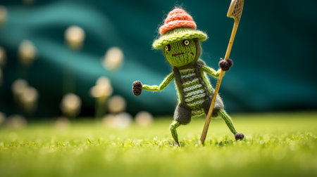 a miniature knitted figure, adorned with a club, stick, and knitting needle, showcases the unique style of frogcore, photobashing, dinopunk, and larme kei. the playful illustrative style is captured in close-up shots of this contest-winning creation. ai generatedの素材