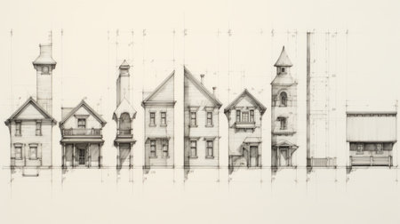 a vignette of a building, drawn with precise nautical detail and in the style of realistic renderings of the human form. this artwork showcases character studies, panoramic scale, and suburban gothic elements. the mechanical designs add a unique touch to this large-scale canvas. ai generatedの素材