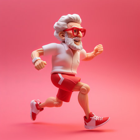elderly ukrainian man in sportswear running on track and field. dynamic posture, soft shape, and dynamic hair. sculpture made of clay material with exquisite features and fine gloss. 3d art rendered with light and shadow, showcasing super detail and fantastic color palette. reflecting rainbow luster and depth of field, this artwork is a masterpiece of creativity and fantasy. ai generatedの素材