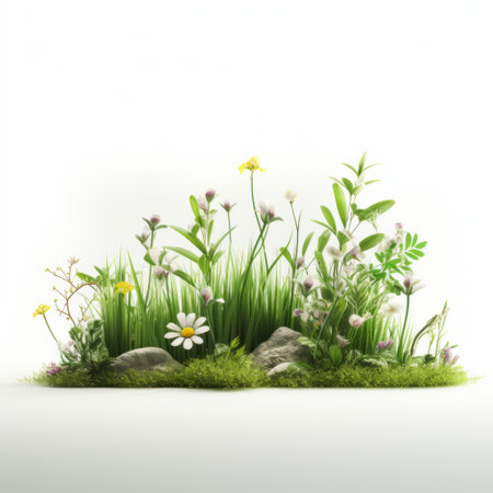 a photo of a large rock surrounded by lush grass and vibrant flowers. this high detailed image features a white background, making it perfect for website use. the concept art showcases naturalistic depictions of flora and fauna, with meticulous design. this captivating scene has won a contest for its stunning beauty. ai generatedの素材