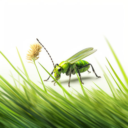 a grasshopper perched on the grass, captured in a vibrant and simplistic editorial illustration style. this stunning photo, created by francois boquet using cinema4d, showcases a detailed character design of the grasshopper. the image exudes an explosive wildlife energy, making it a captivating visual. ai generatedの素材