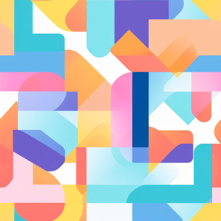 an abstract bright colored pattern featuring color-blocked shapes, soft tonal transitions, and experimental typography. this artwork showcases puzzle-like elements and translucent planes, appealing to abstract minimalism appreciators. the design incorporates fragmented icons, creating a visually captivating composition. ai generatedの素材