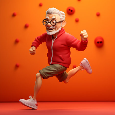 elderly ukrainian man with dynamic posture, wearing sportswear, running on a track and field. the sculpture showcases a soft-shaped, full-body figure with dynamic hair against a red wall. this fantasy-inspired clay artwork, rendered in 3d with exquisite features and fine gloss, captures the light and shadow play. with its super high detail and fantastic color palette, the artwork reflects a rainbow luster, creating a visuallyの素材
