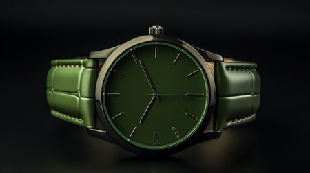 a green leather watch rests on a black matte surface, showcasing a realistic hyper-detailed rendering. the luxurious timepiece features bold lines and vibrant colors, with a light maroon and green palette. the dark and brooding designer adds a touch of sophistication to this vibrant and lively image. ai generatedの素材