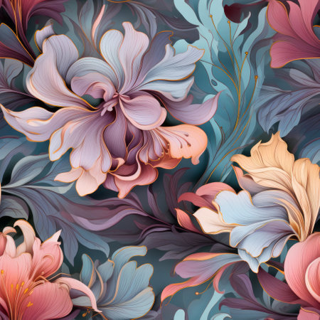 a vector seamless floral pattern featuring a combination of flowers, berries, leaves, and vines. this pattern showcases fluid color combinations, rococo extravagance, and floral surrealism. the dark cyan and pink hues create a captivating contrast. the design merges realistic and fantastical elements, with soft lines and shapes, reminiscent of ornate baroque aesthetics. ai generatedの素材