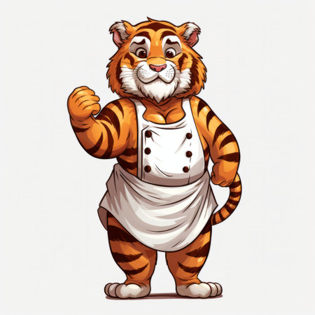 a cartoon illustration of a tawny tiger wearing an apron. the image showcases detailed character illustrations with a twist, incorporating multiple filter effects and foreshortening techniques. inspired by the style of gu hongzhong, the characters are creased yet charming. ai generatedの素材
