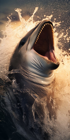 a dolphin in the ocean, captured in a photorealistic surrealism style, showcases its open mouth. the artwork, created using zbrush, features a dark white and bronze color palette with ultrafine detail. the gritty and urban street art aesthetic is enhanced by the macro zoom perspective and softbox lighting. ai generatedの素材