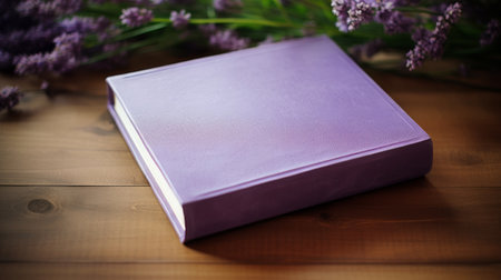 a purple box adorned with lavender flowers sits gracefully on a wooden table. this captivating photo showcases a hard-edge color field style, reminiscent of a scrapbook. the sleek metallic finish of the box adds a touch of elegance, while hidden details like books and portfolios add intrigue. soft, atmospheric lighting enhances the fine lines and delicate curves, creating a visually stunning composition. ai generatedの素材