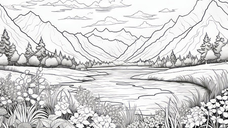 abstract mountain landscape coloring pages for kids featuring lush landscape backgrounds and romantic riverscapes. these detailed botanical illustrations, inspired by the style of tanya shatseva and kelly vivanco, showcase engraved line-work and the beauty of nature. download these freebies now!, ai generatedの素材