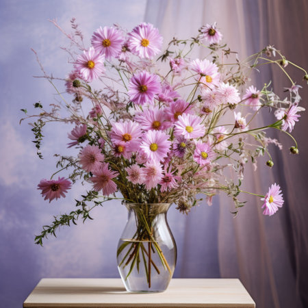 a vase of purple daisies sits on a table, contrasting beautifully against a blue curtain. the photo has been post-processed in a style that incorporates light pink and light gray tones. the overall effect is nature-inspired, with a scattered composition that adds a touch of drama. shot on fujifilm natura 1600, the image exudes a sense of tranquility and elegance. ai generatedの素材
