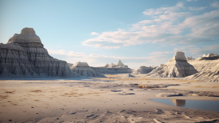 hills and desert stretch across a 3d world, showcasing soft and dreamy landscapes. this photorealistic rendering captures the essence of an alien world, created using unreal engine 5. the hyper-realistic water adds a touch of surrealism to the scene, while the creased, crinkled, and wrinkled details bring depth and realism. rendered in maya, this image is a stunning visual representation of a unique and captivatingの素材