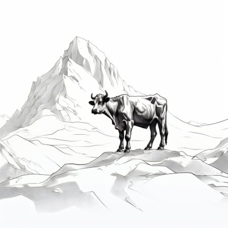 a sketch of a cow on swiss mountains, with a backdrop of towering peaks. the illustration is done in the style of psychological phenomena illustrations, using ink wash technique. the artwork showcases detailed character design and is captured in ultra-high definition. the composition embraces conceptual minimalism, with bold shadows adding depth and intrigue to the image. ai generatedの素材