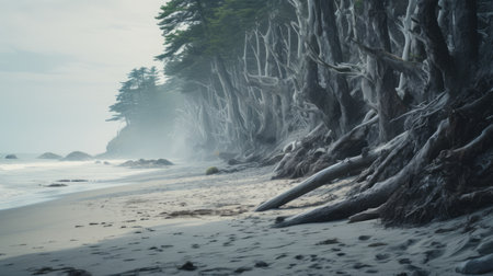 tree branches on the beach create an otherworldly atmosphere, reminiscent of lovecraftian landscapes. the organic formations of the branches merge with the historical imagery of the beach, evoking an ethereal and layered scene. the atmospheric perspective adds depth to this captivating photograph. ai generatedの素材