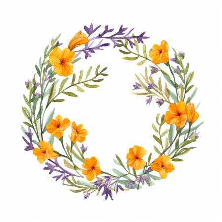 a vibrant floral wreath featuring a beautiful arrangement of yellow and orange flowers. the wreath is designed in a style that combines light violet and gold hues, creating a delicate and realistic portrayal of light and color. the use of color is bold and reminiscent of whistlerian art, while the simple designs add an elegant touch. shot at iso 200. ai generatedの素材