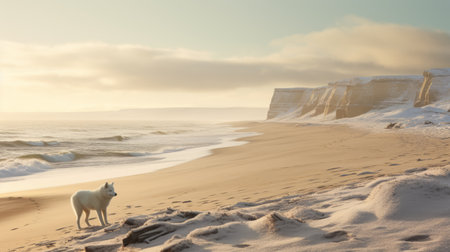two majestic wolves, rendered in the style of unreal engine, stand near a frozen beach and ice. the minimalist landscapes showcase light beige and white tones, creating a serene atmosphere. the sweeping seascapes add to the grandeur of the scene. this stunning image, created with octane render, captures the essence of the australian landscape and embodies the essence of caninecore. ai generatedの素材