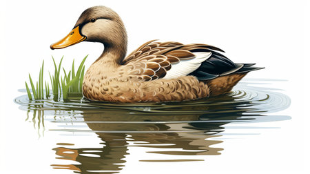 a duck sitting on the water, surrounded by a grassy area, is depicted in this hyper-realistic animal illustration by mike mayhew. the detailed shading brings out the intricate features of the duck, while the light brown color adds a touch of simplicity. this digitally enhanced artwork showcases mayhew's talent for creating detailed character illustrations in a colorful and captivating style. ai generatedの素材
