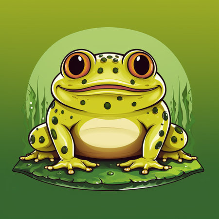 a frog with big eyes sits on the green grass, surrounded by a graphic illustration style. the frog's coloration is a combination of dark yellow and light beige, giving it a unique appearance. the artist, patrick brown, has beautifully captured the essence of this characterized animal. water drops on the frog's skin add a touch of realism to the image. get ready to turn onの素材