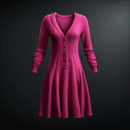 a realistic 3d model of a red dress for shitbox, featuring a light magenta and magenta color scheme. the rendering is hyper-detailed, with moody monotones and textural layering. the warm tonal range adds depth to the dress, which is designed in dark magenta and green. ai generatedの素材