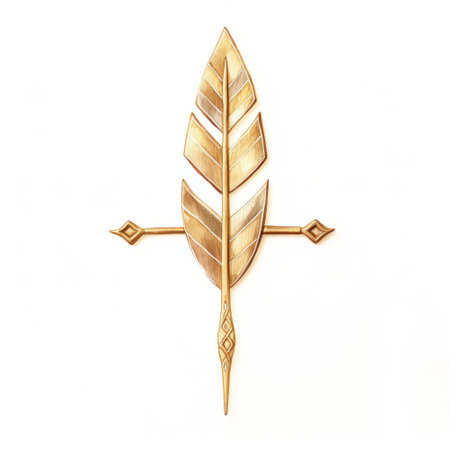 a gold feather peacock pin, inspired by the art style of artgerm, showcases strong linear elements and geometry-inspired designs. this medieval-inspired accessory draws inspiration from the works of brian mashburn and george catlin, incorporating biblical iconography into its intricate detailing. ai generatedの素材