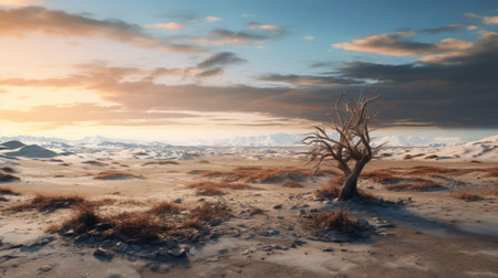 desert tree standing alone in a barren desert landscape, captured with a tokina at-x 11-16mm f/2.8 pro dx ii lens. the photo showcases a surrealistic narrative with atmospheric and moody lighting, reminiscent of scenes rendered in unreal engine and frostpunk. the tree's isolation against the white background adds to the overall aesthetic. ai generatedの素材