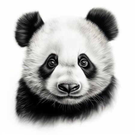 a black and white image of a black panda bear, part of a series of realistic portrait drawings. the soft gradients and white background enhance the colorful realism and bring out the serene faces of these majestic creatures. this 32k uhd image captures the realistic portrayal of the panda bear in stunning detail. ai generatedの素材