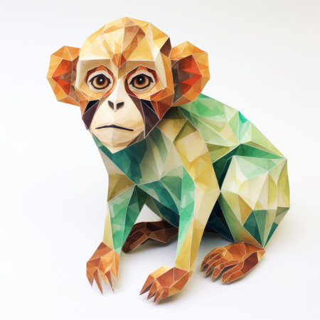 the paper monkey, inspired by the art of the congo, is a hyper-realistic and detailed rendering in angular cubism style. with its light green and dark amber hues, this zbrush creation showcases faceted shapes, bringing a unique touch to hyper-realistic animal illustrations. hang this masterpiece in your house for a captivating and artistic addition to your decor. ai generatedの素材