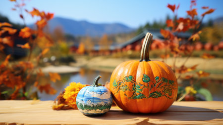 a small pumpkin with a koala design is showcased on a table, resembling traditional chinese landscape paintings. the pumpkin's intricate details, including mountainous vistas and leaf patterns, are captured beautifully with the samyang 14mm f28 if ed umc aspherical lens. the combination of sky-blue and amber colors adds an eastern orthodox icon-like aesthetic to the image. ai generatedの素材