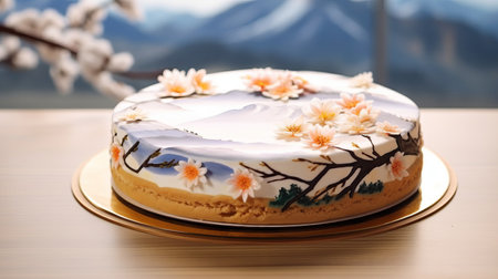 a white sakura cake is showcased in a teahouse, surrounded by cherry blossoms against a picturesque mountain backdrop. this stunning image, reminiscent of airbrush art, is captured in 8k resolution by armand guillaumin. the cake's light beige and orange hues blend harmoniously with nature-inspired motifs, while the meticulous design and physically based rendering add depth and realism to the scene. ai generatedの素材