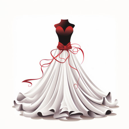 a white wedding dress skirt is showcased against a white background, reminiscent of gothic illustrations. the design incorporates light black and red accents, inspired by the works of jean arp. this contest-winning creation exudes romantic colors and features a voluminous mass, presented in a simplistic cartoon-like style. ai generatedの素材