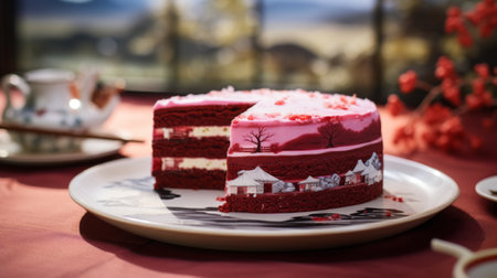 a cake on a plate with chinese tea, featuring layered impressionistic landscapes in light crimson and crimson hues. captured with a wollensak 127mm f47 ektar lens, this photo celebrates rural life with its transparent layers and high level of detail. the composition exudes a cabincore aesthetic. ai generatedの素材