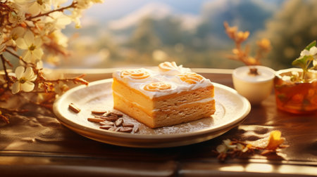 cinnamon cake in traditional korean landscape painting style captured with a dslr using an 85mm lens f/1.4. this stunning photo, shot on fuji color film, showcases the intricate details and vibrant colors of the cake. with global illumination, the image appears ultra-high definition and ultra-real, making it perfect for stickers. ai generatedの素材