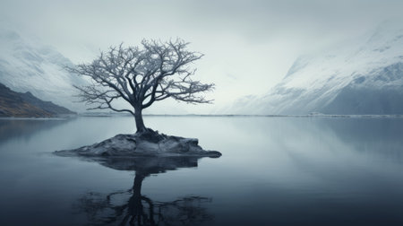 a lone tree stands on top of a small island in a lake, captured in the style of even mehl amundsen. the photograph showcases a dark silver and light aquamarine color palette, with photographically detailed portraitures of snow scenes. the soft and dreamy depictions create a contrasting balance, enhanced by vignetting. ai generatedの素材