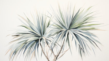 a photo of a painting featuring a small palm tree with lush green leaves. the painting is done in a light beige and dark aquamarine color scheme, using soft watercolors. the clusters of leaves are depicted with radiant detail, while the background features light indigo and silver hues. the painting showcases bold lines and vibrant colors, resembling photorealistic illustrations. ai generatedの素材