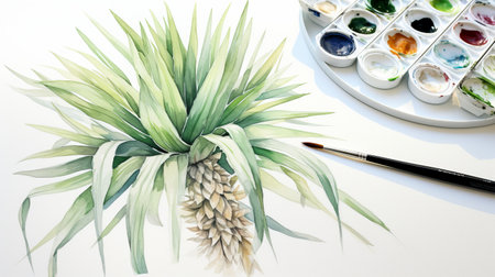 an agave plant is depicted in a delicate watercolor style, surrounded by brushes and other tools. the drawing draws inspiration from naturalistic animal paintings, focus stacking techniques, and the detailed compositions of scarlett hooft graafland. the color palette predominantly consists of white and green, evoking a sense of the sea and coast. ai generatedの素材