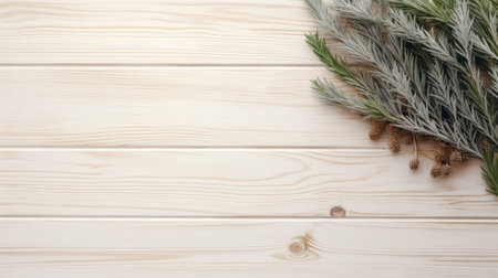 rustic wood with natural sprigs of rosemary and olive branches create a minimalist background in light teal and beige. the festive atmosphere is enhanced by the precise nautical detail and minimalist elements. this kitchen still life captures the essence of light beige and gray tones. ai generatedの素材