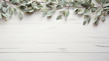 eucalyptus tree leaves arranged on a white wooden background, providing ample space for writing. the composition features a soft, muted color palette with whimsical elements. the overall style is reminiscent of restored and repurposed 20th-century scandinavian design, characterized by dark silver and beige tones. delicate flowers and smooth surfaces complete the aesthetic. ai generatedの素材