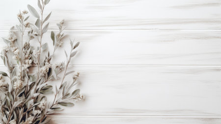 flowers and branches arranged against a white wooden wall, featuring a minimalist background with light silver and beige tones. this uhd image captures the rustic charm of muted earth tones, creating a serene and soothing atmosphere. ai generatedの素材