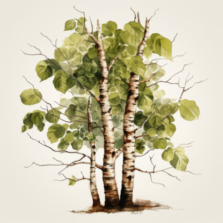 watercolor painting of birch trees on a beige background with red leaves. the artwork showcases highly detailed realism, capturing the intricate details of the trees. the illustration features a combination of dark green and light green hues, creating a visually striking contrast. this graphic illustration embodies the essence of still life realism. ai generatedの素材