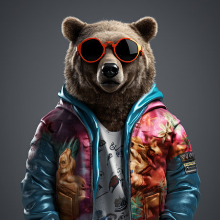 a bear wearing glasses and hip hop gear poses for a studio portrait in this photorealistic fantasy artwork by slawomir maniak. the image features a solarization effect and vibrant, colorful costumes. this commissioned piece by sebastian errazuriz captures the bear's unique style and personality. ai generatedの素材