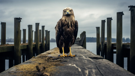 a majestic eagle perched on top of june's dock, captured in the evocative style of environmental portraits reminiscent of the dusseldorf school of photography. the image showcases a striking combination of navy and amber tones, highlighting the eagle's strong facial expression. this photograph by kevin hill and helga ancher captures the relatable personality of this magnificent bird. ai generatedの素材