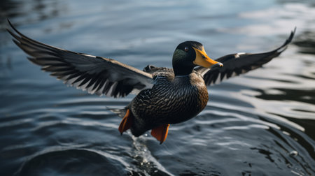 a duck gracefully lands in the water, its wings spread wide against a dark gray and amber backdrop. this captivating image, reminiscent of the dusseldorf school of photography, showcases nature-based patterns and evokes emotional sensitivity. the dark cyan and dark brown tones add depth to the already mesmerizing imagery. with back button focus, every detail is beautifully captured. ai generatedの素材