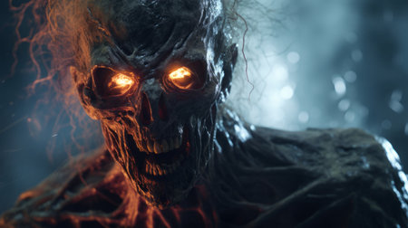 a zombie skeleton with neon eyes and a menacing gaze, rendered in the style of jessica rossier using unreal engine. this close-up shot captures the intense and dynamic action scenes featuring dark orange and light indigo hues. the supernatural creature's thick texture adds to its eerie presence. ai generatedの素材