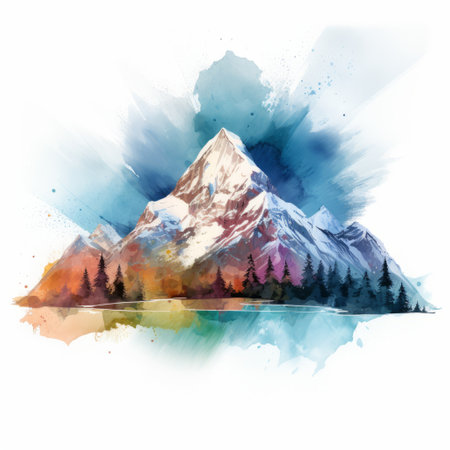 a watercolor illustration of mountains and a waterfall, featuring abstract nature design elements. this vector illustration showcases a mix of flat ink and realistic details, with a color palette of dark turquoise and light maroon. the image combines surrealistic elements with a touch of realism, using light sky-blue and light amber tones. the artwork displays skillful composition, broad palette knife marks, and a realistic depictionの素材