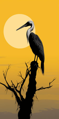 a pelican gracefully perches on a tree branch, showcasing its majestic presence. the vibrant yellow and black color scheme adds a striking contrast to the scene. this award-winning image captures the essence of nature's beauty, perfect for captivating illustrated advertisements. with a touch of poetcore and a hint of medievalist aesthetic, it evokes a sense of timeless charm. shot on ferrania p30 film, it exudesの素材