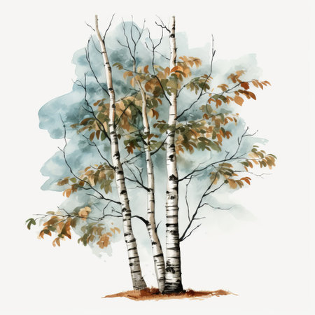 two birch trees are depicted in a dreamlike watercolor illustration on a white background. the style of the artwork is reminiscent of mid-century illustrations, with a color palette of gray and brown. the illustration has a historical and antique feel, with light cyan and dark amber tones adding to its charm. ai generatedの素材