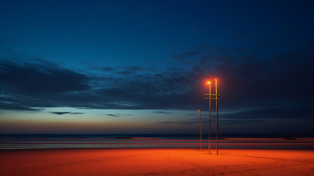 a stunning landscape of a solitary floodlight on a cliff by the sea, the sun setting on the horizon, the calm and serene ocean reflecting the warm colors of the sky, the soft mist enveloping the floodlight, detailing every texture and detail. photography, 24mm wide-angle lens. ai generatedの素材