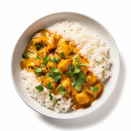 a photo of a vibrant and flavorful chickpea curry dish, beautifully presented with a mix of rice and fresh herbs. this visually stunning image, captured in the style of david burdeny, showcases the dish in high-resolution 8k quality. the color palette of orange and gray adds a modern touch, while the composition reflects the influence of the vancouver school of photography. the exotic birds andの素材