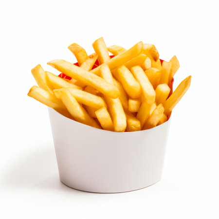 white cups filled with french fries, arranged on a white background. captured using the zeiss batis 18mm f/2.8 lens by photographer steve henderson. the image showcases a bombacore aesthetic with skeuomorphic elements. enhanced through post-processing, the photo exudes a bold and dynamic feel. ai generatedの素材