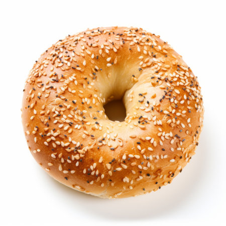 a bagel with sesame seeds is showcased on a white background, reminiscent of the artistic style from the years 1000-1400 ce. this image captures the unpolished authenticity of the bagel, drawing inspiration from renowned artists such as drew struzan, scott adams, and josef capek. the composition is characterized by its exacting precision and is complemented by a light gray color scheme. ai generatedの素材