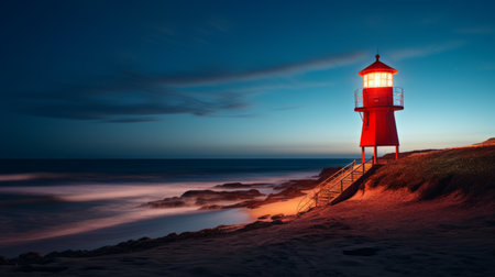 a stunning landscape of a solitary emergency light on a cliff by the sea, the sun setting on the horizon, the calm and serene ocean reflecting the warm colors of the sky, the soft mist enveloping the emergency light, detailing every texture and detail. photography, 24mm wide-angle lens. ai generatedの素材